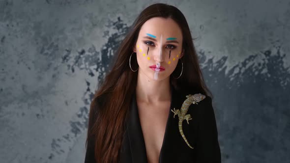 Model Girl with Lizard on His Jacket