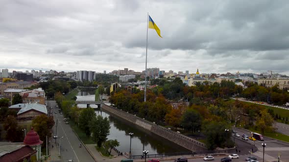 Flag of Ukraine, Kharkiv city center autumn aerial