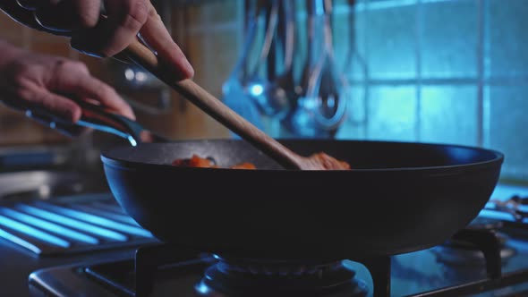 Stirring Chicken Breast In A Pan. Preparing Low-Calorie Burrito. close up