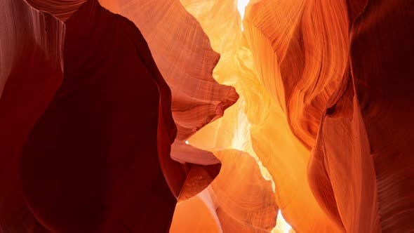 Wide Angle View Sandstone Formations in Antelope Canyon on Sunny Day, Camera Moving Inside Antelope