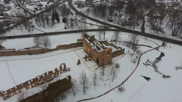 Ruins of Ancient Livonian Order's Stone Medieval Castle Latvia Aerial Drone Top Shot From Above . Re