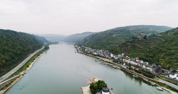 Scenic View of the Rhine River the Towns of Kaub and the Pfalzgrafenstein Castle in Germany