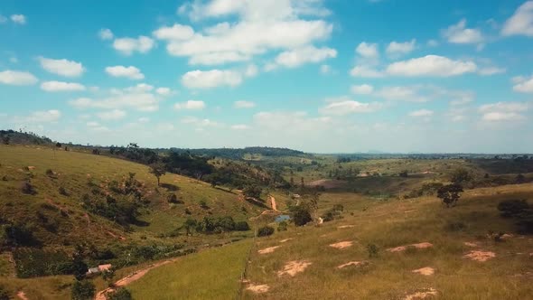 Drone aerial shot flying slowly over a beautiful meadow field and valley in the rural countryside on