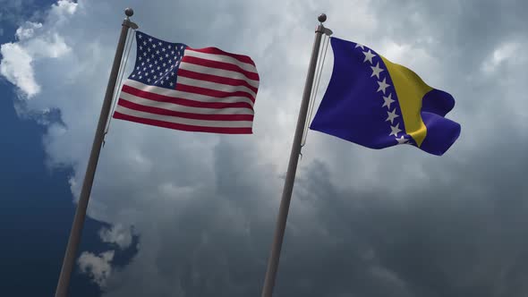 Waving Flags Of The United States And The Bosnia And Herzegovina 4K