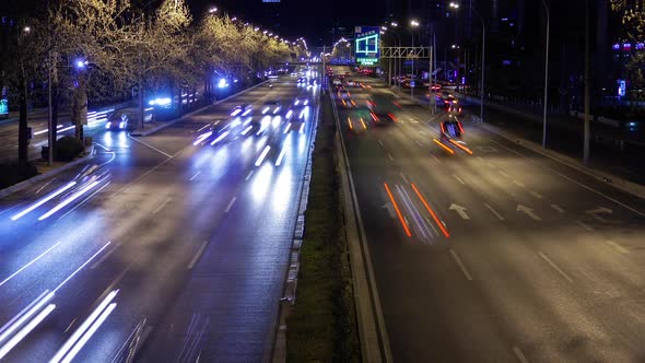 Chinese Highway in Beijing City District at Night Timelapse