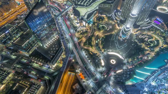 Dubai Downtown Street with Busy Traffic and Skyscrapers Around Timelapse