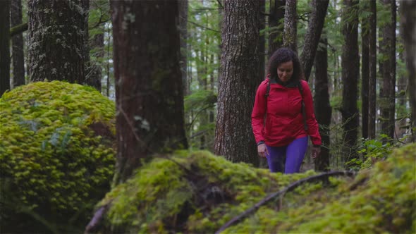 Girl Hiking on a Path in the Rain Forest During a Rainy Winter Season