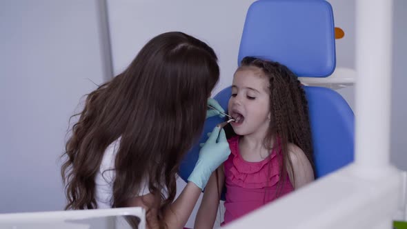 Polite Female Dentist Examining Child's Oral Cavity in Pediatric Dental Clinic
