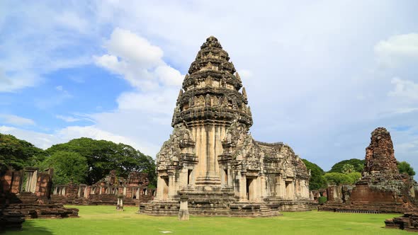 4K Time lapse of Many tourists visit the beautiful of Phimai historical park, Thailand