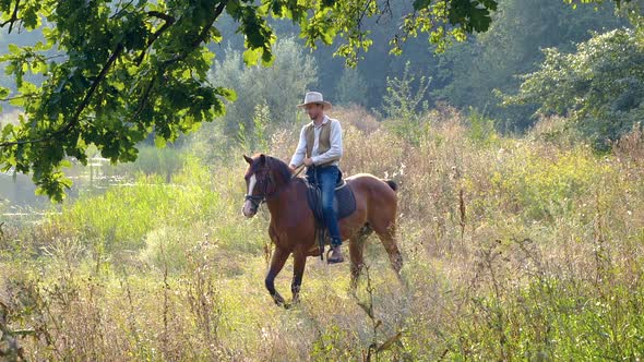 American Cowboy on Horseback on a Forest Lawn