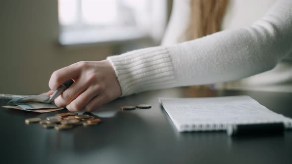 A Woman Is Counting a Remaining Money Distributing the Spending and Family Budget