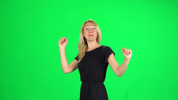 Cheerful Girl Walking, Dancing and Waving a Hand Welcoming, Chroma Key