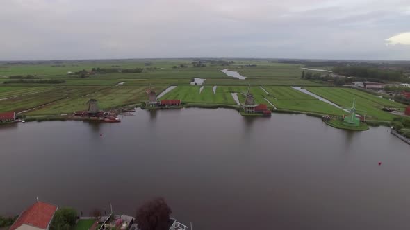 Aerial View of Dutch Village with Windmills