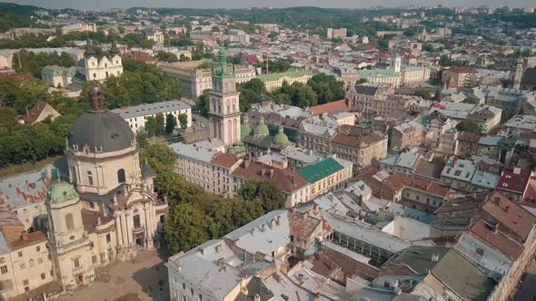 Aerial Drone Video of City Lviv, Ukraine. Ancient Ukraine Dominican Church. Panorama of Old Town