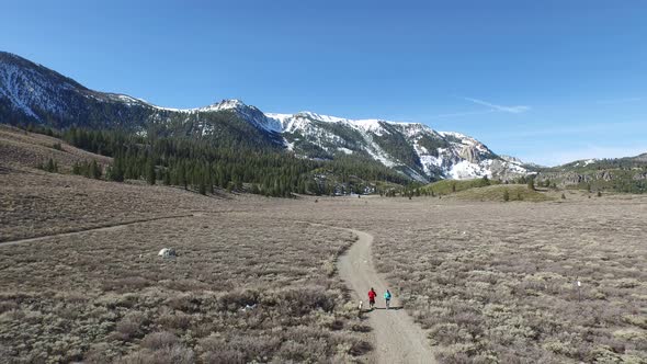 Aerial shot of a young man and woman trail running with dog on scenic mountain trail