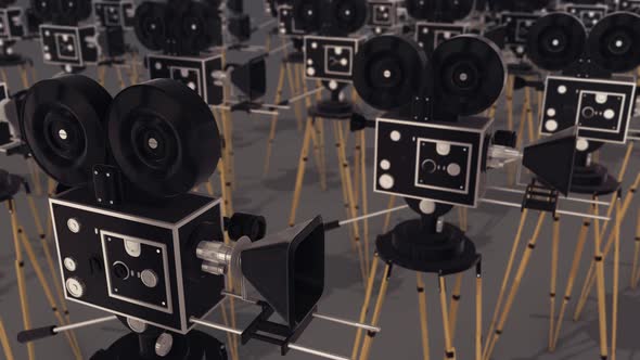 a lot of vintage movie cameras in a row 4k