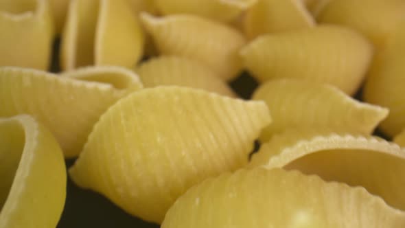 Macro close up slide across conchiglie shell pasta.