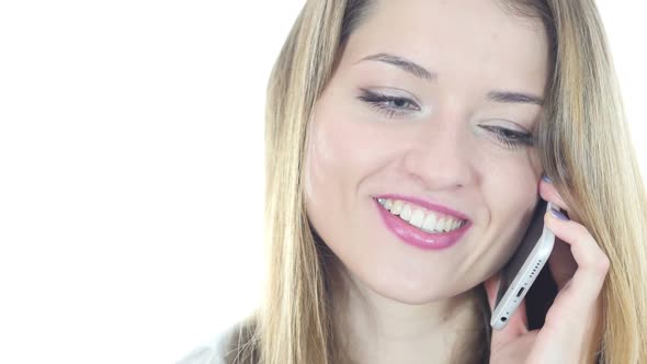 Woman Talking On Smartphone, White Background