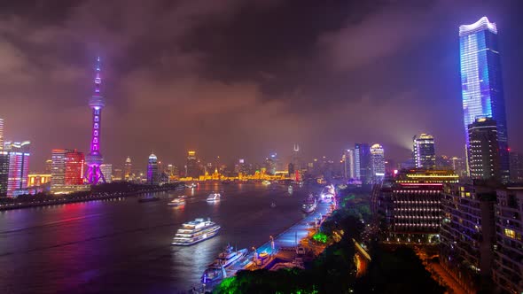 Chinese Boats on Huangpu at Shanghai Skyscrapers Timelapse