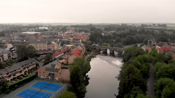 Aerial footage of the town centre of Wetherby in West Yorkshire in the UK