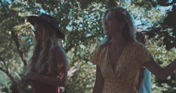 Group of pretty looking friends chatting under a tree in a summer day