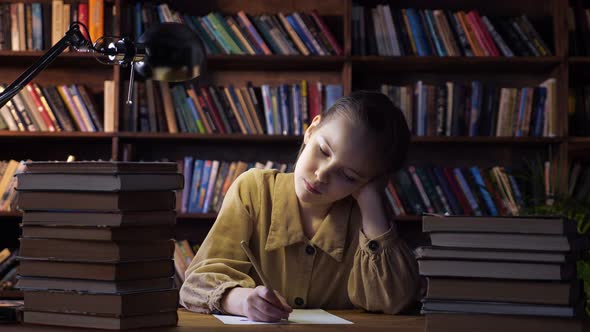Tired Girl Writes Home Assignment on Sheet of Paper By Books
