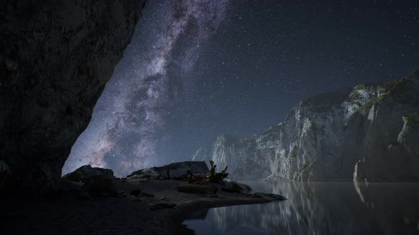 Hyperlapse of Night Starry Sky with Mountain and Ocean Beach in Lofoten Norway