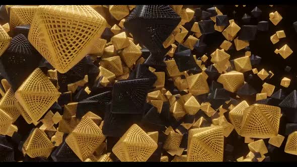 3D animation of flying rotating gold and black geometric shapes, octahedron