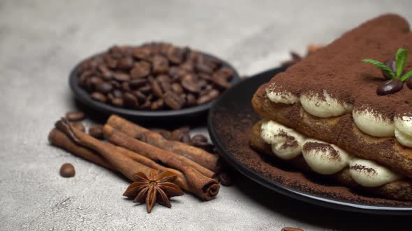 Classic Tiramisu Dessert on Ceramic Plate on Concrete Background