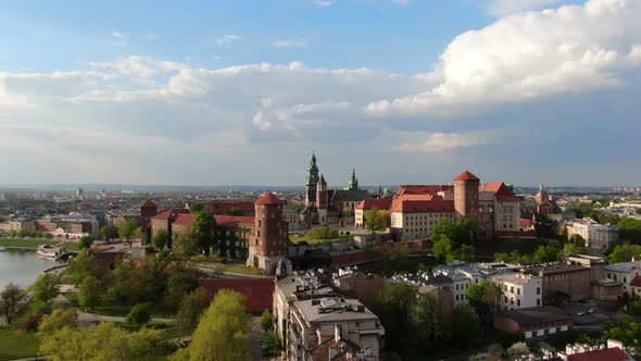 Aerial footage of Wawel Royal Castle in Cracow, Krakow, Poland, Polska