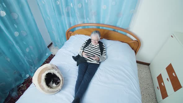 Grandmother with Grey Hair Reads News on Tablet Lying at Cat