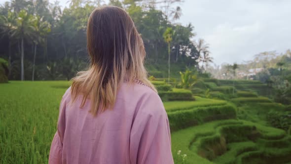 Young Woman in Pink Kimono Walking in Rice Fields Bali. Fashion Style