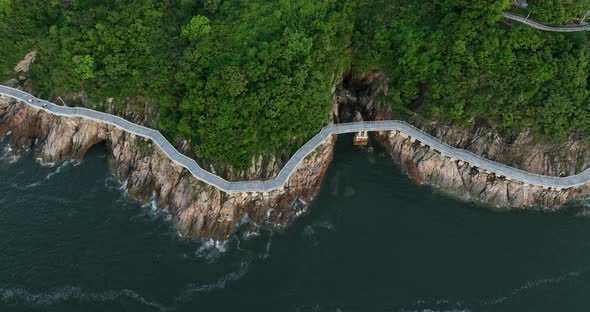 Aerial footage of boardwalk and sea  coast in shenzhen city, China