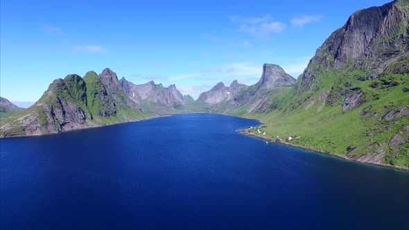 Ascending above beautiful fjord on Lofoten islands, Norway