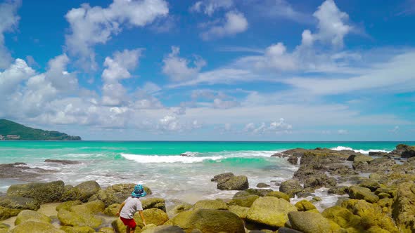 Seascape in sunny day beautiful blue sky rock and sand beach Phuket Thailand