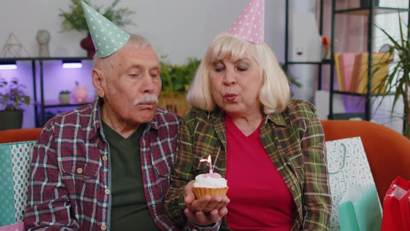 Happy Senior Family Man Woman Celebrating Birthday Anniversary Hold Cupcake Makes Wish at Home