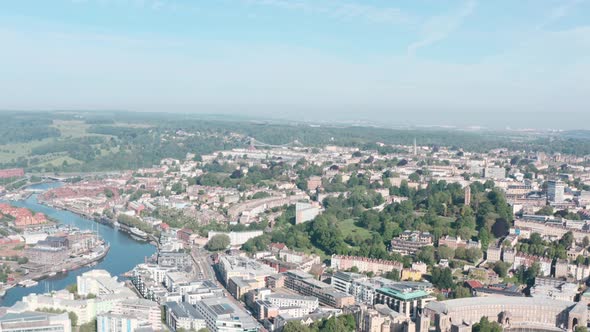 circling Drone shot over old city central Bristol Clifton suspension bridge