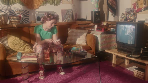 Girl in Curlers at Home in 80s