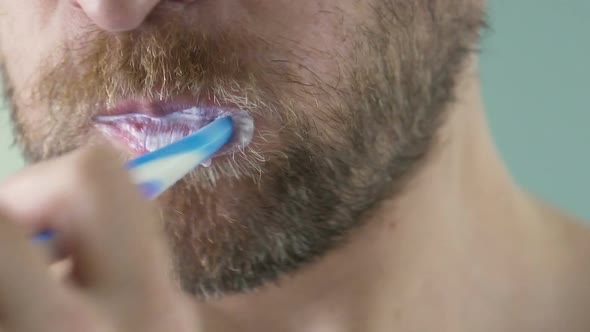 Extra Close-Up of Adult Man Brushing His Teeth, Healthcare and Hygiene, Bathroom