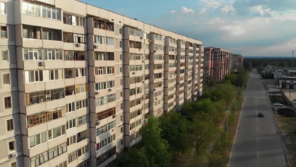 Residential USSR Multistory Building at a Sleeping Area of City, Aerial View