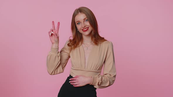 Businesswoman Girl Showing Victory Sign Hoping for Success and Win Doing Peace Gesture Smiling