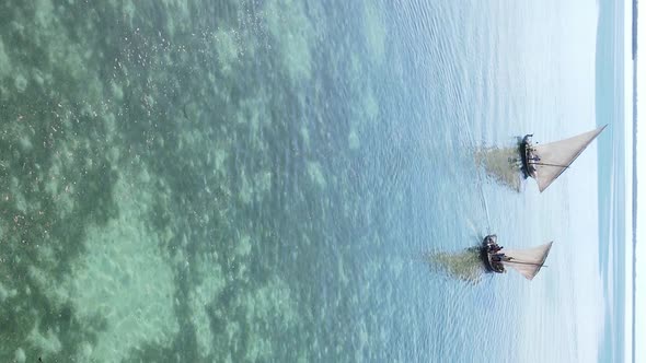 Vertical Video Boats in the Ocean Near the Coast of Zanzibar Tanzania Aerial View