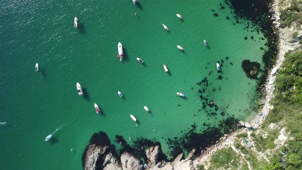 Aerial Panoramic View of Seascape with Crystal Clear Azure Sea and Rocky Shores