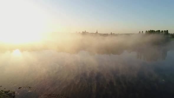 Sunrise and Fog Over the River Styr and the Historic Part of Lutsk Ukraine