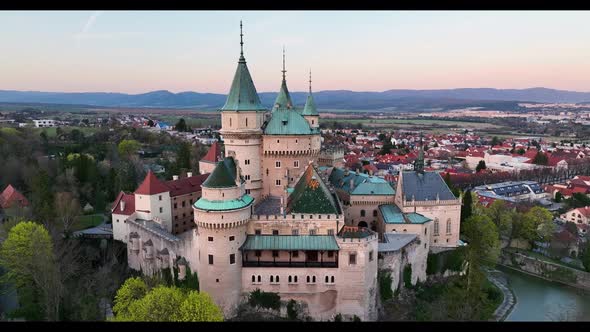 Aerial view of Bojnice Castle in Slovakia - Sunset