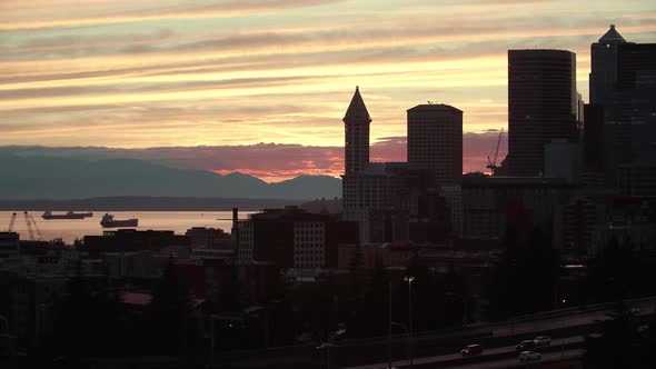 Seattle Waterfront Architecture Skyline Silhouette At Sunset