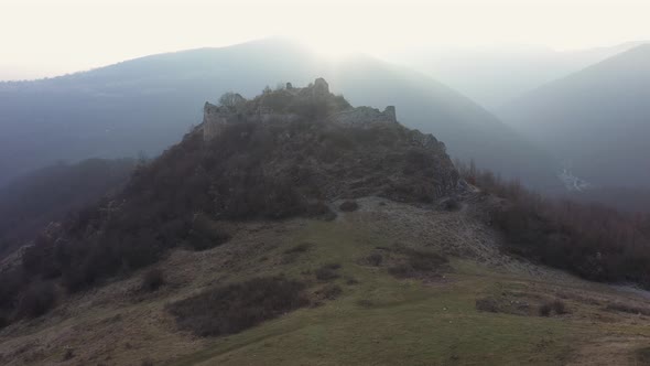 Aerial View of Ruins of a Medieval Castle. Liteni, Fortress, Transylvania, Romania