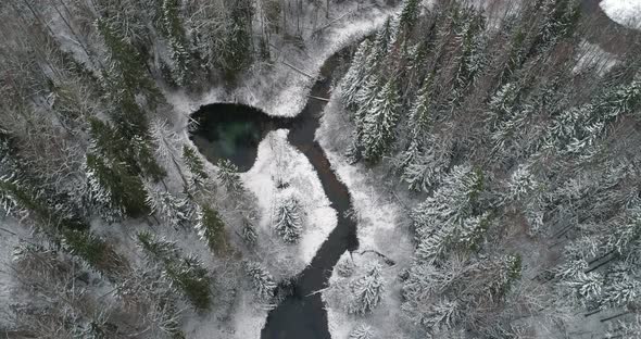 Water Springs and River in Snowy Winter Forest Aerial View Drone Shot