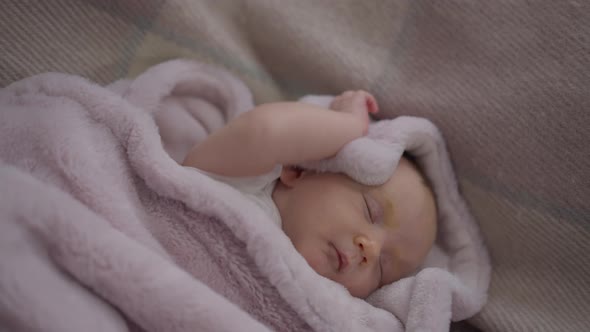 Newborn Baby with Closed Eyes Lying Wrapped in Pink Blanket Top View