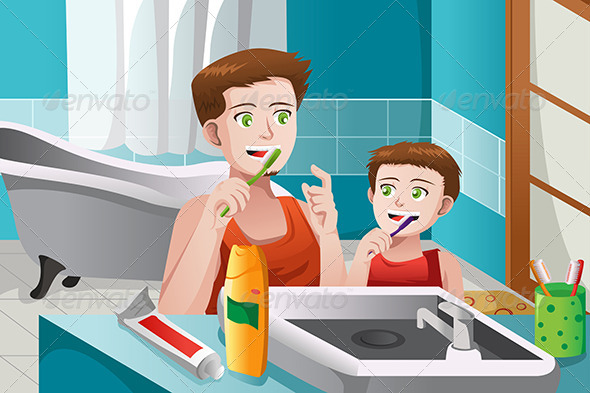 Father Teaching his Son How to Brush his Teeth